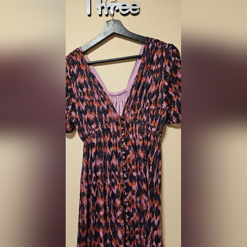 By Anthropologie Purple Printed V- Neck Ruched-Sleeve Mesh Lined Maxi Dress,XSP - Picture 5 of 12